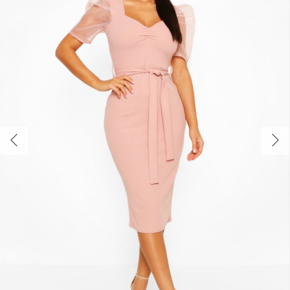 organza mesh puff sleeve midi dress blush pink